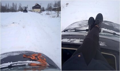 ВИДЕО: Машина застряла в снегу под Балви, хозяйка смогла выбраться только через люк