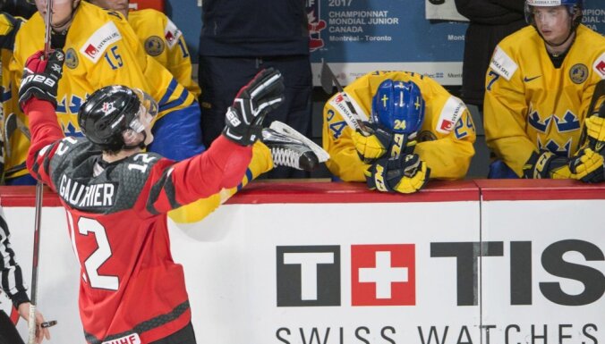 Canada Julien Gauthier celebrates in front Swedish bench